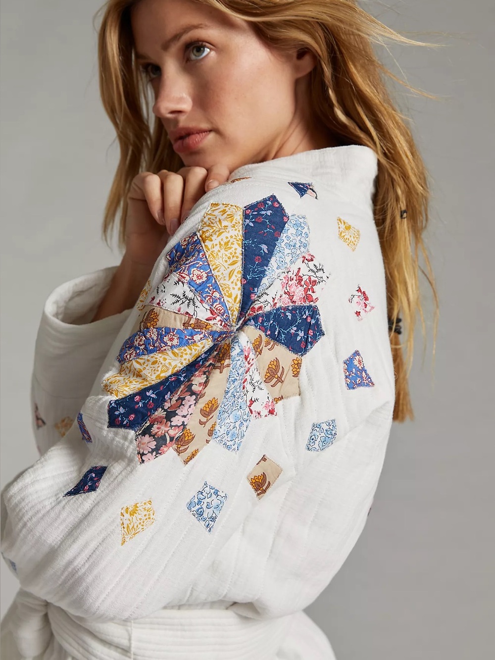 Anthropologie Quilted Patchwork Jacket Gauze Cotton White Size XS Boho